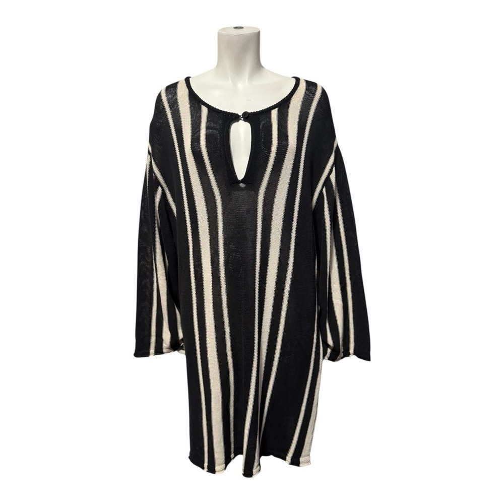Zara Black Ivory Striped Boho Tunic Long Sleeve Minimalist Beach Women’s Large - Picture 5 of 12
